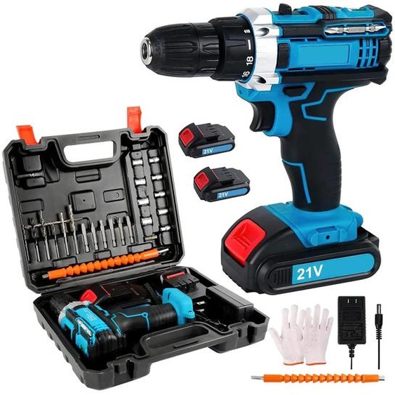 Kit perceuse-visseuse sans fil 21V - Perceuse et visseuse - Couple de 45 Nm, 2 vitesses, mandrin de serrage rapide de 10 mm, éclairage LED, accessoires : 23 pièces - Bleu