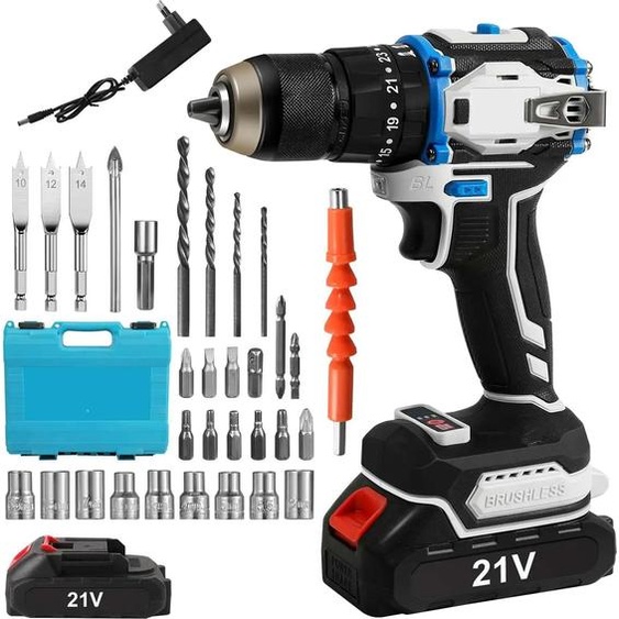 Kit perceuse-visseuse sans fil - Moteur sans balais - 2 vitesses - 25+1 niveaux de couple - Éclairage LED - 2 batteries et chargeur - Or