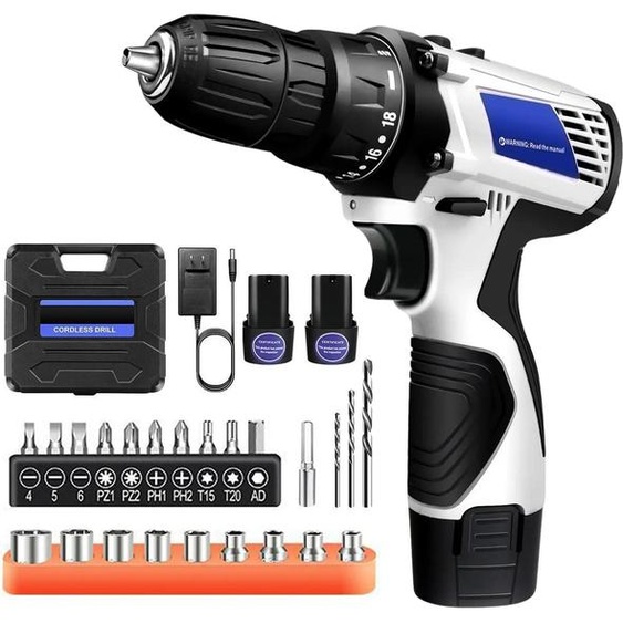 Kit perceuse-visseuse sans fil - Perceuse et tournevis 2 en 1 - 45 Nm - 2 vitesses - Mandrin à serrage rapide 10 mm - 2 batteries - Noir