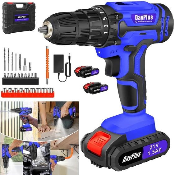 Kit perceuse-visseuse sans fil - Perceuse-visseuse 21 V - 45 Nm - 2 vitesses 0–400/1 400 tr/min - 25+1 niveaux de couple - Mandrin de 10 mm - Bois 23 mm / Métal 10 mm