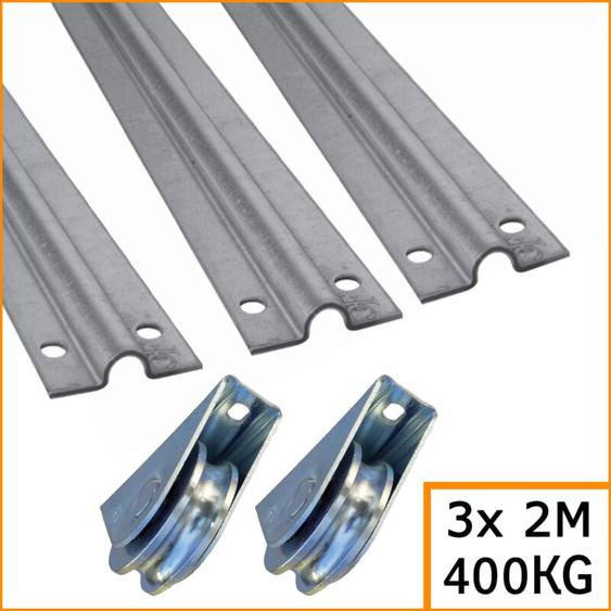 Deco Fer Forge - Kit pour portail coulissant jusquà 6M - 3 rails gorge ronde de 2M de long - 2 roues de 80mm qui supportent jusquà 400KG