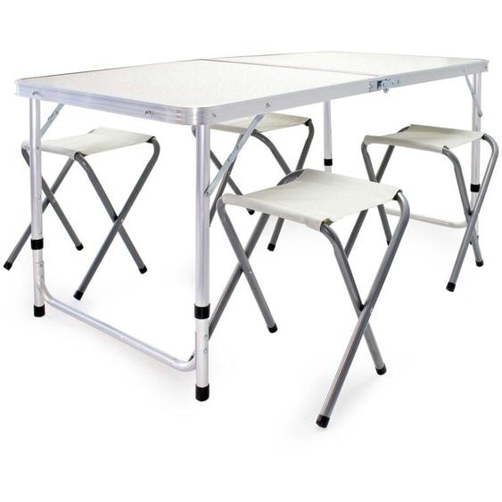 Kit Table de camping pliante, 1200 x 600 x 545 mm, avec 4 assises tabourets, table portable blanche MDF/alu, réglable en hauteur 54/61/70 cm,