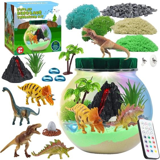 Kit terrarium dinosaure pour enfants, matériau écologique, dimensions 12 x 10 x 10 cm, adapté aux enfants de 3 à 12 ans, veilleuse LED multicolore, sécurité e CE