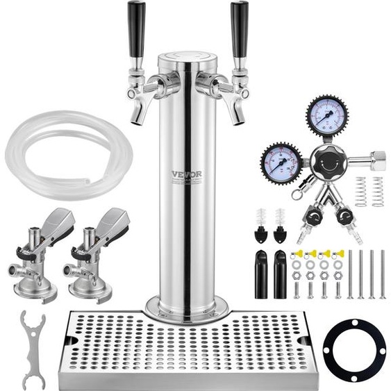 Kit tour de Kégélateur, kit de conversion de bière avec deux robinets de soutirage, distributeur de bière en tour en acier inoxydable avec double jauge W21.8-régulateur et raccord de fût A-System, bac dégouttage de bière pour les fêtes à domicile