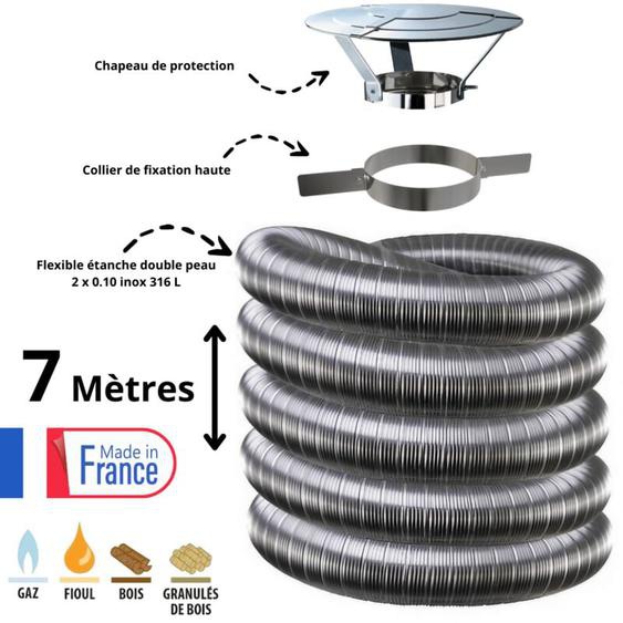 Edilinox - Kit tubage flexible double peau inox diamètre 150 + collier + chapeau Longueur du conduit 7 mètres