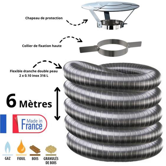 Edilinox - Kit tubage flexible double peau inox diamètre 80 + collier + chapeau Longueur du conduit 6 mètres