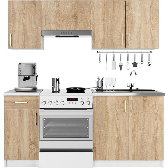 Kitchenette LIMA 1,8 m, modulaire, blanche, 180 cm, 7 portes, 1 tiroir, façade en chêne Sonoma, 8 étagères, L 180 x H 203 x P 44,5 cm