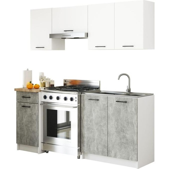 Kitchenette OLIWIA 1,8 m Modulaire Blanc 180 cm 7 portes 1 tiroir Façade béton 8 étagères L180 x H203 x P46 cm