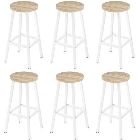 Klihome Tabouret de Bar - Lot de 6 - Tabouret Rond - Style Industriel - Chêne Clair W0ATT0685-6