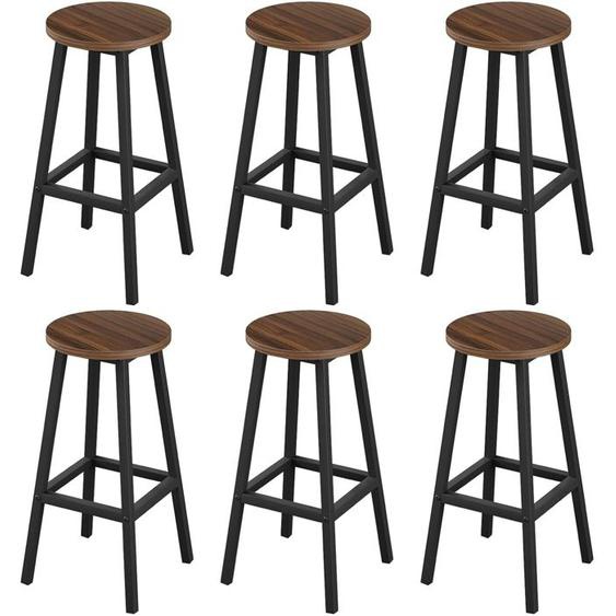 Klihome Tabouret de Bar - Lot de 6 - Tabouret Rond - Style Industriel - Chêne foncé W0ATT0686-6
