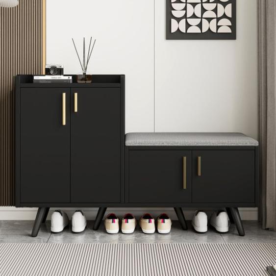 KoDise Meuble à chaussures en noyer - noir - 120x34x82 cm - avec banc à chaussures et 4 portes de rangement - poignées asymétriques