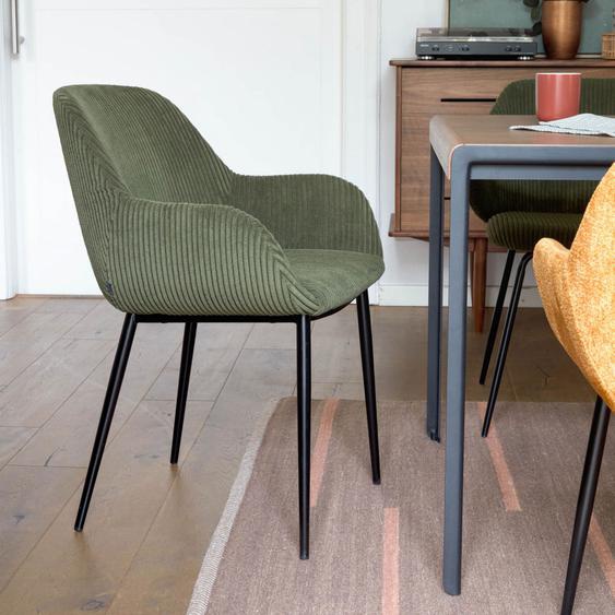 Konna - Lot de 4 fauteuils de table en velours grosses côtes et métal - Couleur - Vert forêt