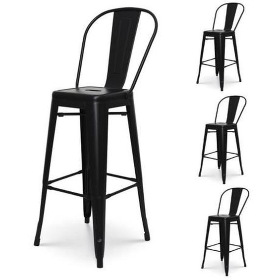 Tabourets de bar - KOSMI - Lot de 4 - Métal noir mat - Style industriel - Dossier haut
