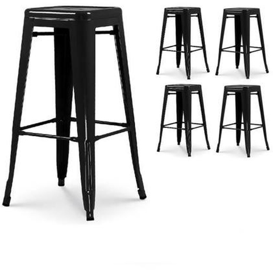 KOSMI - Lot de 4 tabourets de bar style industriel noir brillant - Hauteur 76 cm