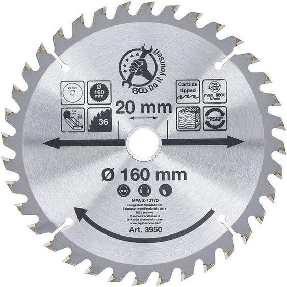 KRAFTMANN 3950 Lame de scie circulaire en métal dur, diamètre 160 mm, 36 dents