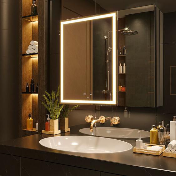 KWW - 75 x 70 cm Double Porte led éclairage Armoire à Pharmacie de Salle de Bains avec Miroir, Température de Couleur Réglable, Anti - Buée Dimmer,