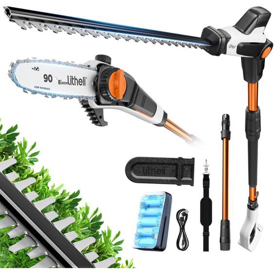 Lagueur sur Perche et Taille Haie sans Fil 2-en-1, Lame de 47 cm, Batterie 2,0 Ah, tête inclinable et Perche rallonge pour Une Coupe Facile(Hauteur
