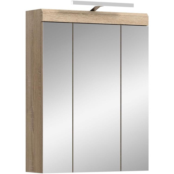 Lambada armoir de salle de bain avec miroir avec éclairage 2 portes, 3 portes miroir, 3 étagères blanc brillant, chêneReproduction.