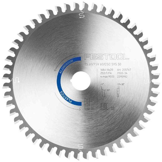 Lame de scie circulaire Aluminium/plastics HW 168 x 1,8 x 20 F/FA 52 FESTOOL 205767