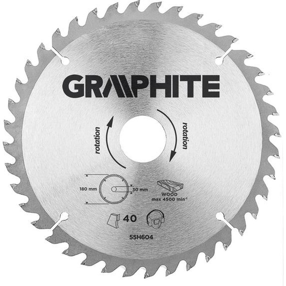 Lame de scie circulaire GRAPHITE Widia 180 x 30 mm, 40 dents pour la coupe de bois et de matériaux dérivés du bois comme le contreplaqué, les panneaux de particules, le MDF.
