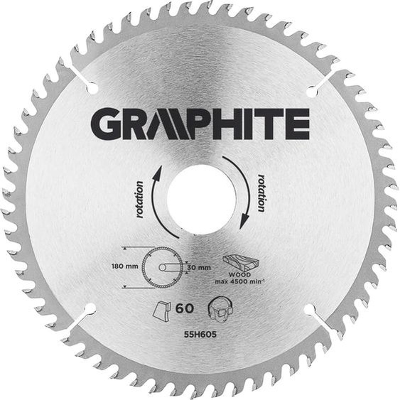 Lame de scie circulaire GRAPHITE Widia 180 x 30 mm, 60 dents pour la coupe de bois et de matériaux dérivés du bois comme le contreplaqué, les panneaux de particules, le MDF.