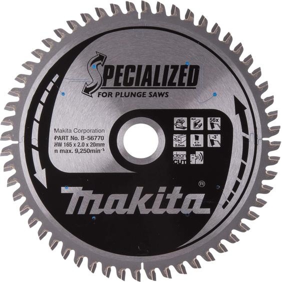 Lame de scie circulaire Makita, spéciale pour scies plongeantes 165 x 20 mm - 56 dents - Aluminium