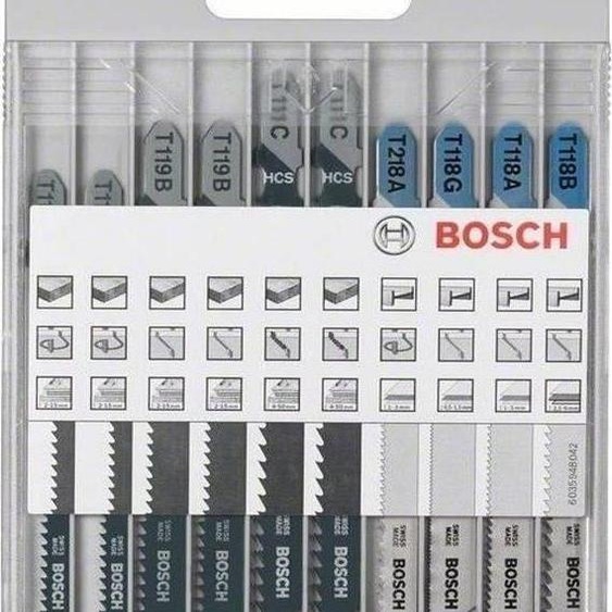 Lames de Scie Sauteuse BOSCH, Assortiment 10 pièces, Métal et Bois, Acier, Modèles T 119 BO, T 119 B, T 111 C, T 218 A, T 118 G, T 118 A et T 118 B