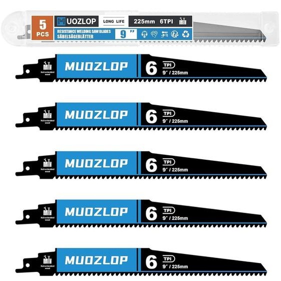 Lames de scie sauteuse en carbure de tungstène, 225 mm, 6 dents par pouce, pour bois, plastique et clous, lot de 5 pièces