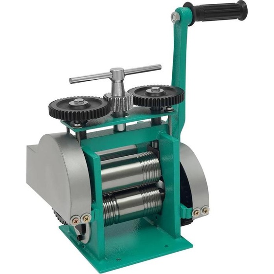 Laminoir pour bijoux - Laminoir combiné manuel - Acier - Rapport de transmission 1:6 - Longueur des rouleaux 12 cm - Diamètre des rouleaux 5,1 cm - Traité thermiquement - Vert