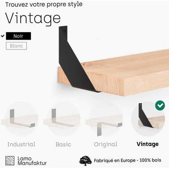 LAMO MANUFAKTUR 140cm Étagère murale industrielle - salon - bois massif - inclus 2 supports vintage - frêne naturel