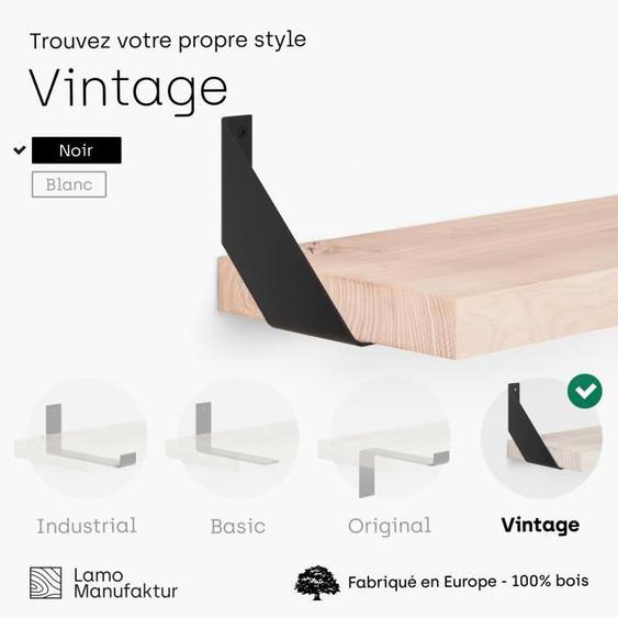 LAMO MANUFAKTUR 160cm Étagère murale industrielle - salon - bois massif - inclus 2 supports vintage - frêne brut