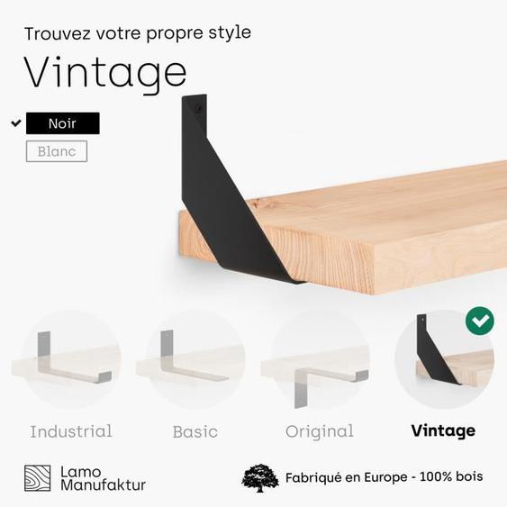 LAMO MANUFAKTUR 160cm Étagère murale industrielle - salon - bois massif - inclus 2 supports vintage - frêne naturel