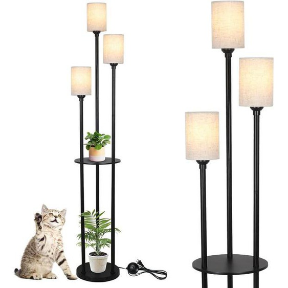 Lampadaire Noir Moderne Avec Étagère, Lampadaire Vintage À 3 Flammes Avec Abat-Jour En Lin & Interrupteur À Pied, Lampadaire Indust