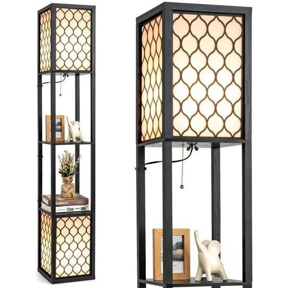 Lampadaire Salon COSTWAY 1,56M avec 2 Etagères de Stockage Design Scandinave Double Interrupteur 40W en Bois