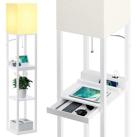 Lampadaire Salon, Lampadaire Bois Massif Avec 3 Températures De Couleur, 2 Ports De Charge Usb Et 1 Tiroir, Lampe Sur Pied De Avec