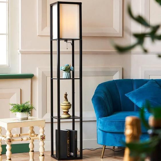Lampadaire Salon Sur Pied En Bois 3 Etagères De Stockage Ampoule Non-inclus Noir