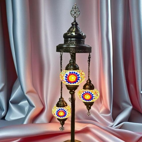 Lampadaire turc avec 3 boules en verre faites à la main – Lampe de nuit mosaïque H 90 cm – Éclairage oriental