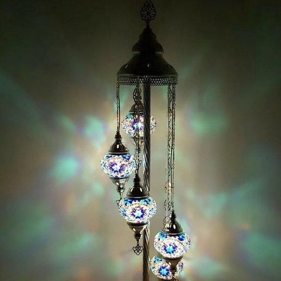 Lampadaire turc en mosaïque fait main, bleu, avec 5 boules – Lampe orientale pour une ambiance chaleureuse