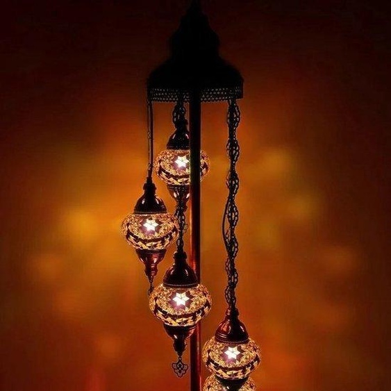 Lampadaire turc en mosaïque fait main, marron, avec 5 boules en verre – Décoration orientale pour votre intérieur