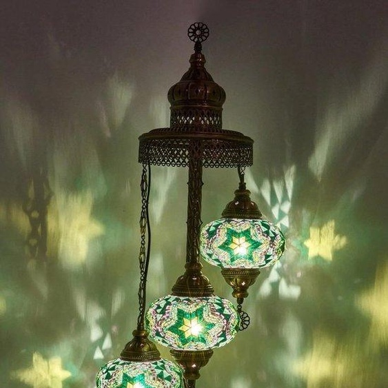 Lampadaire turc en mosaïque fait main, vert, avec 3 boules en verre pour une ambiance élégante