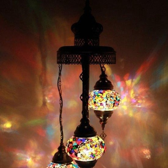 Lampadaire turc en mosaïque - Lampe marocaine faite main avec 3 bulbes multicolores - Authentique et unique