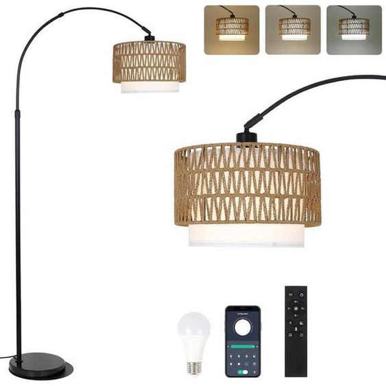Lampe À Arc Salon Lampadaire, Lampadaire En Rotin Avec Télécommande Et Ampoule Led, Contrôle Par Application, Lampadaire Vintage Av