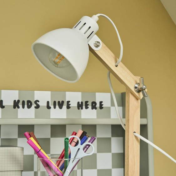 Lampe à poser articulée en bois et métal blanc