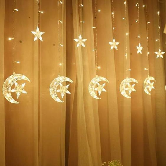 Lampe à poser,Guirlande lumineuse LED pour décoration,rideau en forme détoile et de lune,colorée,économe en énergie- warm white