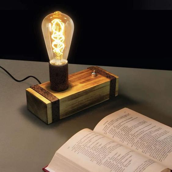 Lampe à poser Homefire E27 industrielle vintage - bois et métal - bois - 8.3 x 20 x 11 cm - avec interrupteur