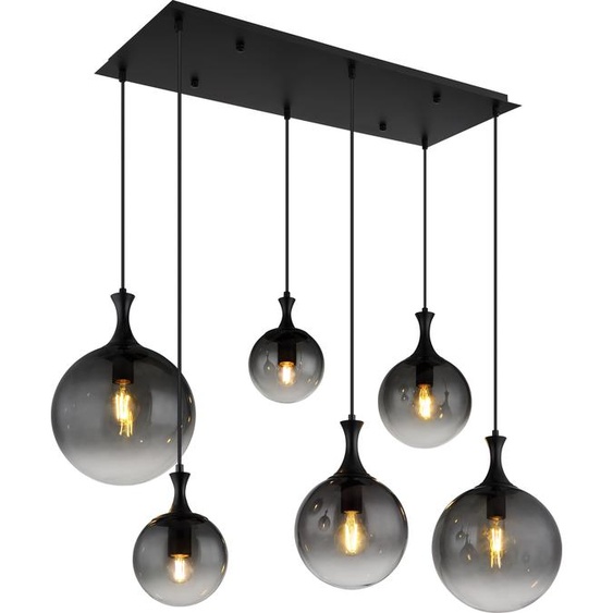 Lampe à suspendre, 6 flammes, boules en verre fumé, noir, L 97 cm