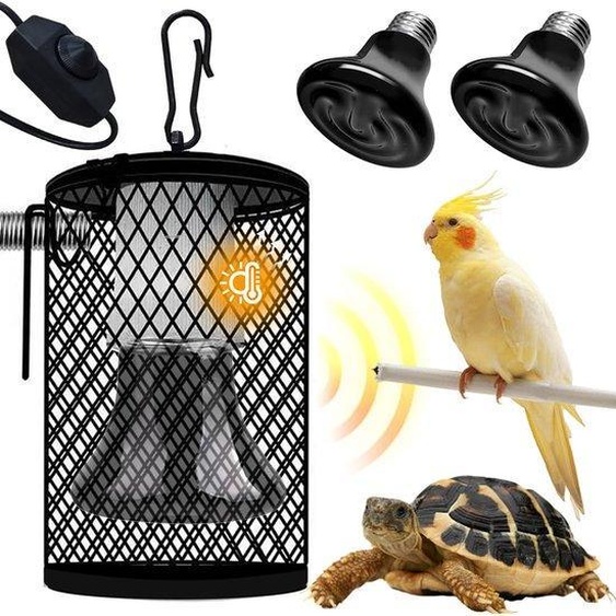 Lampe chauffante pour reptiles avec corps en céramique - 2 ampoules E27 avec cache - température réglable - pour reptiles, tortues, oiseaux, caméléons (50 W, noir)