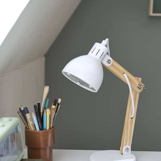 Lampe de bureau bois et métal blanc