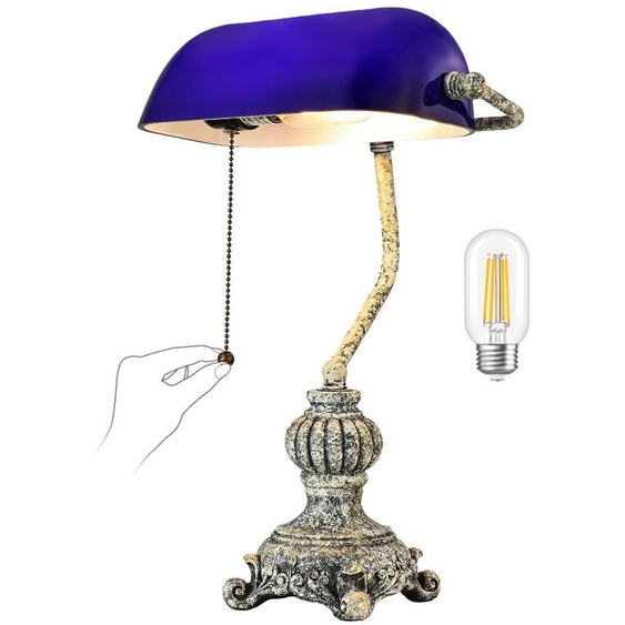 Lampe de bureau de style banquier vintage, avec abat-jour en verre bleu, chaîne de tirage et LED intégrée