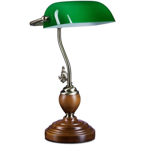 Lampe de bureau verte, base en bois, style rétro, culot E27, dimensions : 26,5 x 43 x 18 cm